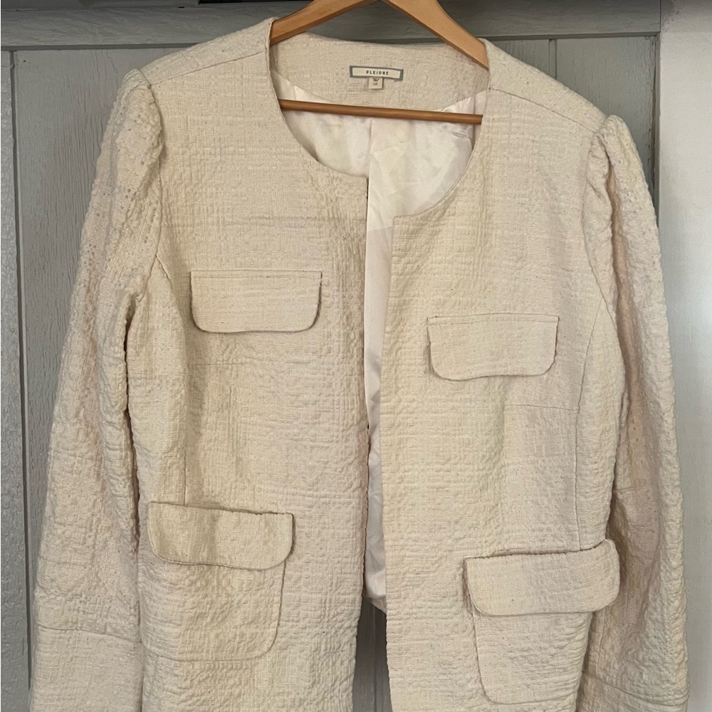 Pleione Cream Collarless Blazer with Textured Fabric